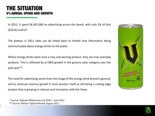 In 2011, V spent $6,367,000 on advertising across the board, with only 5% of that
($321K) online*.


The plateau in 2011 sales can be linked back to limited new information being
communicated about energy drinks to the public.


Where energy drinks were once a new and exciting product, they are now everyday
products. This is reflected by an 84% growth in the grocery sales category over the
past year**.


The need for advertising stems from the image of the energy drink brand in general,
and to continue revenue growth V must position itself as still being a cutting edge
product that is growing in interest and innovation with the times.


 * Source: Adquest Millennium July 2010 – June 2011
 ** Source: Nielsen Topline Review, August 2011
 