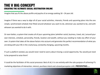 Imagine that you fit the above profile and psyche of an energy-seeking 18 – 24 year old.


Imagine if there was a way to align all of your social activities, interests, friends and upcoming plans into the one
simple, synchronized schedule that fitted around whatever you want to do, wherever you wanted to be, and with
whoever you wanted to do it with.


Or even better, a system that creates all of your upcoming plans (whether social, business, travel, etc.) around your
own interests, schedule, personality, friends, location and wealth, without you needing to make any effort of your
own. A system that takes all the above factors into account and generates the perfect recommendation of what you
are doing with your life in the crazily busy, constantly changing, upcoming months.


If such a platform existed, you would never need to worry about missing a social opportunity. You would just need
to be prepared to seize them!


V could be the facilitator of this social processor. Best of all, it is ran entirely with the sole purpose of achieving V’s
marketing objectives of interaction, interest, purchase intent and a brand perception shift. PRESENTING…..
 