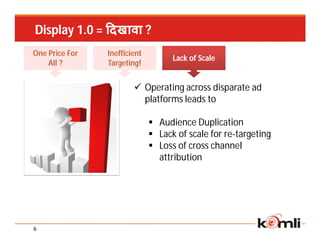 Display 1.0 = दखावा ?
One Price For   Inefficient
                                    Lack of Scale
    All ?       Targeting!


                         Operating across disparate ad
                          platforms leads to

                               Audience Duplication
                               Lack of scale for re-targeting
                               Loss of cross channel
                                attribution




6
 