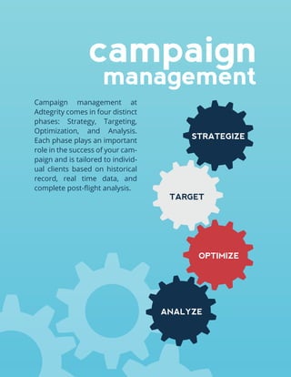 campaign 
management 
Campaign management at 
Adtegrity comes in four distinct 
phases: Strategy, Targeting, 
Optimization...