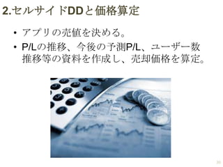 2.セルサイドDDと価格算定
• アプリの売値を決める。
• P/Lの推移、今後の予測P/L、ユーザー数
推移等の資料を作成し、売却価格を算定。

20

 