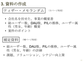 3. 資料の作成
ティザー・メモランダム

（５ページ程度）

• 会社名を伏せた、事業の概要書
• 総ユーザー数、DAU数、P/Lの推移、ユーザー属
性（男女、年齢）概要
• 案件のポイント

補足資料

（10ページ程度）

• 総ユーザー数、DAU数、P/Lの推移、ユーザー属
性（男女、年齢）の詳細
• 課題、ソリューション、シナジー向上策
22

 