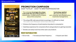 @2024 Adtima Proprietary and Confidential - Do not duplicate or distribute without written permission.
Case studies
@2024 Adtima Proprietary and Confidential - Do not duplicate or distribute without written permission.
PROMOTION CAMPAIGN
EASY TO PLAY – EASY TO WIN FROM ROCKSTAR
This campaign leverages the unique
code under the cap of the product to
reward users. It helps brand to acquire
data of the consumers.
Technology applied:
QR code recognition,
anti-cheating, data deduplication,
incentives managements
ü The unique QR code was printed on package. It’s difficult to cheat
The code is auto filled (user cannot input manually)
ü Enhance the frequency of participation & product’s consumption
ü Seamless experience for consumers (from using products to getting rewards)
ü Brands can easily track how often users use products
MOST SUITABLE FOR:
üDrive trials üAcquire user data
Successful Stories
üIncrease purchase frequency
 
