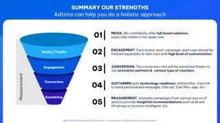 @2024 Adtima Proprietary and Confidential - Do not duplicate or distribute without written permission.
SUMMARY OUR STRENGTHS
Adtima can help you do a holistic approach
MEDIA: We confidently offer full funnel solutions,
especially media in the upper one.
01
ENGAGEMENT: Each brand, each campaign, each user should be
treated separately & take care with high level of customization.
02
CONVERSION: The conversion rate will be optimized thanks to
our activation partners & various type of vouchers.
03
MEASUREMENT: evaluate campaigns from various source of
data to provide insightful recommendations such as Brand
lift survey or location intelligent, etc.
05
SUSTAINING with technology readiness: Adtima Box, Zalo OA
to send personalized messages, Zalo ad, Zalo Mini-app, etc.
04
Media | Traffic
Engagement
Conversion
Sustaining
Measurement
@2024 Adtima Proprietary and Confidential - Do not duplicate or distribute without written permission.
 