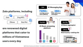 @2024 Adtima Proprietary and Confidential - Do not duplicate or distribute without written permission.
Zalo platforms, including
are renowned digital
platforms that cater to
millions of Vietnamese
users every day
Zalo
ZNews
Zing Mp3 Bao Moi
#1 Music streaming
platform
Nhạc Của Tui iTunes Spotify Apple Music
#1 News aggregator
#22 Country-ranking site
#1 Messaging App
Zalo Zing MP3
ZNews Bao Moi
75Mil+
monthly active
users (MAUs)
2Bil+
daily delivered
messages
with
 
