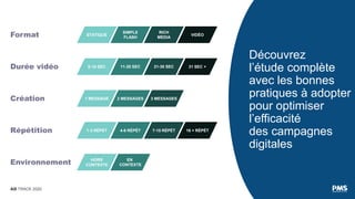 AD TRACK 2020
Découvrez
l’étude complète
avec les bonnes
pratiques à adopter
pour optimiser
l’efficacité
des campagnes
digitales
STATIQUE
SIMPLE
FLASH
VIDÉO
RICH
MEDIA
Format
0-10 SEC 11-20 SEC 31 SEC +
21-30 SEC
Durée vidéo
1 MESSAGE 2 MESSAGES 3 MESSAGES
Création
1-3 RÉPÉT 4-6 RÉPÉT 16 + RÉPÉT
7-15 RÉPÉT
Répétition
HORS
CONTEXTE
EN
CONTEXTE
Environnement
 