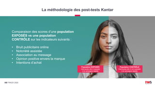 AD TRACK 2020
La méthodologie des post-tests Kantar
Population EXPOSÉS
Internautes site A exposés
à la campagne digitale
Comparaison des scores d’une population
EXPOSÉS vs une population
CONTRÔLE sur les indicateurs suivants :
• Bruit publicitaire online
• Notoriété assistée
• Association au message
• Opinion positive envers la marque
• Intentions d’achat
Population CONTRÔLE
Internautes site A non-exposés
à la campagne digitale
 