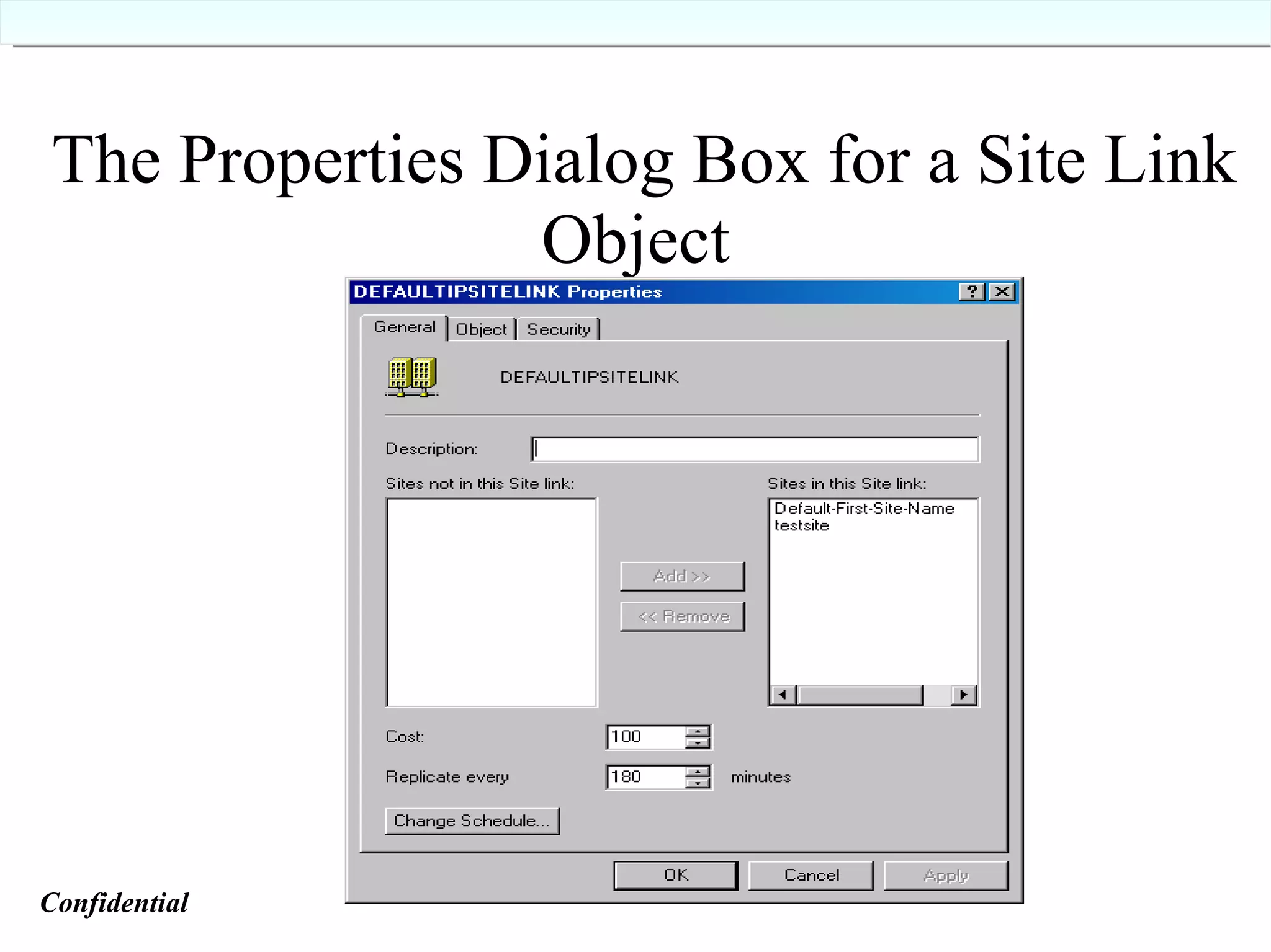 The Properties Dialog Box for a Site Link Object  Confidential   