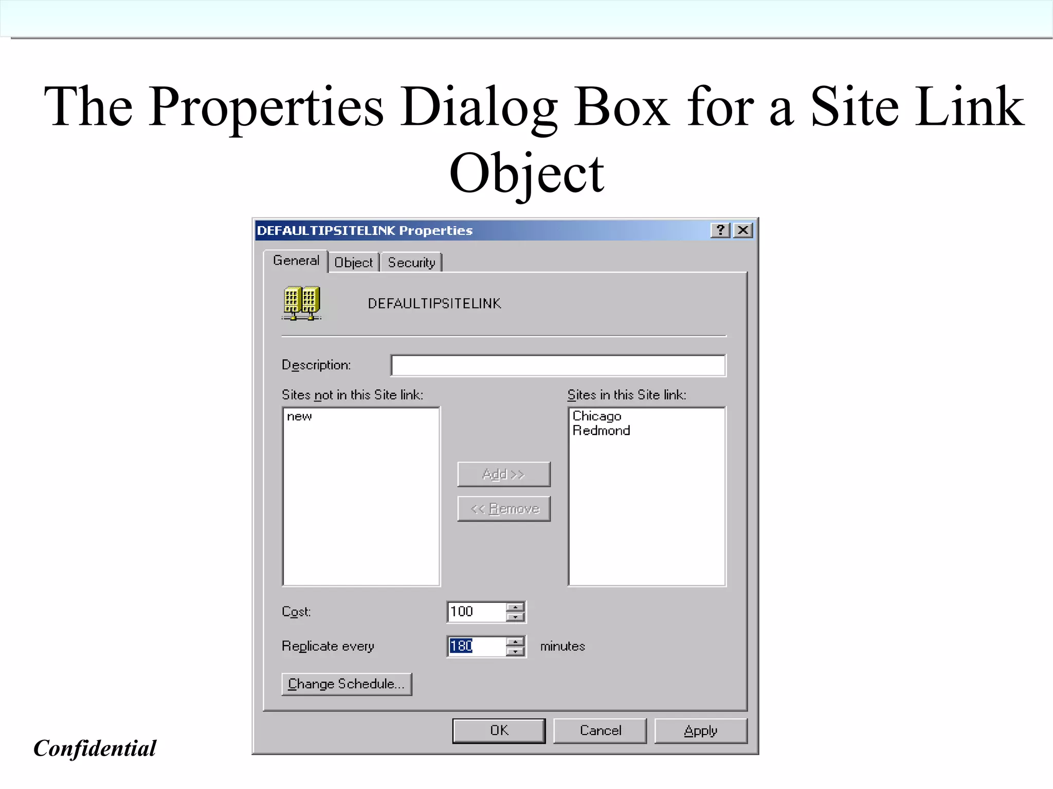 The Properties Dialog Box for a Site Link Object  Confidential   