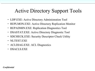 Active Directory Support Tools LDP.EXE: Active Directory Administration Tool REPLMON.EXE: Active Directory Replication Monitor REPADMIN.EXE: Replication Diagnostics Tool DSASTAT.EXE: Active Directory Diagnostic Tool SDCHECK.EXE: Security Descriptor Check Utility NLTEST.EXE ACLDIAG.EXE: ACL Diagnostics DSACLS.EXE Confidential   