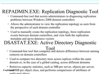 REPADMIN.EXE: Replication Diagnostic Tool Command-line tool that assists administrators in diagnosing replication problems between Windows 2000 domain controllers Allows the administrator to view the replication topology as seen from the perspective of each domain controller Used to manually create the replication topology, force replication events between domain controllers, and view both the replication metadata and up-to-dateness vectors DSASTAT.EXE: Active Directory Diagnostic Tool Command-line tool that compares and detects differences between naming contexts on domain controllers Used to compare two directory trees across replicas within the same domain or, in the case of a global catalog, across different domains Retrieves capacity statistics, such as MB per server, objects per server, and MB per object class, and performs comparisons of attributes of replicated object Confidential   