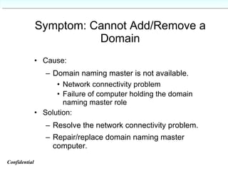 Symptom: Cannot Add/Remove a Domain Cause: Domain naming master is not available. Network connectivity problem Failure of computer holding the domain naming master role Solution: Resolve the network connectivity problem. Repair/replace domain naming master computer. Confidential   