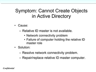 Symptom: Cannot Create Objects in Active Directory Cause: Relative ID master is not available. Network connectivity problem Failure of computer holding the relative ID master role Solution: Resolve network connectivity problem. Repair/replace relative ID master computer. Confidential   