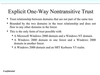 Explicit One-Way Nontransitive Trust Trust relationship between domains that are not part of the same tree Bounded by the two domains in the trust relationship and does not flow to any other domains in the forest This is the only form of trust possible with A Microsoft Windows 2000 domain and a Windows NT domain. A Windows 2000 domain in one forest and a Windows 2000 domain in another forest. A Windows 2000 domain and an MIT Kerberos V5 realm. Confidential   