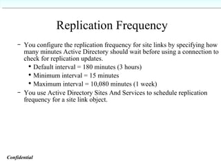 Replication Frequency You configure the replication frequency for site links by specifying how many minutes Active Directory should wait before using a connection to check for replication updates. Default interval = 180 minutes (3 hours) Minimum interval = 15 minutes Maximum interval = 10,080 minutes (1 week) You use Active Directory Sites And Services to schedule replication frequency for a site link object. Confidential   