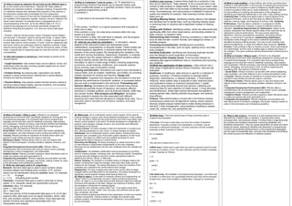 18. What is meant by objection R2 and what are the different data in
R :- In the context you're referring to, "objection R2" likely relates to
statistics and regression analysis. In regression analysis, R-squared (R2)
is a statistical measure that represents the proportion of the variance in
the dependent variable that is predictable from the independent
variable(s). It is a measure of how well the independent variables explain
the variability of the dependent variable. However, the term "objection R2"
doesn't seem standard. It's possible there's a typographical error or
misunderstanding of the term. As for the different data in R, R is a
programming language and environment specifically designed for
statistical computing and graphics. In R, there are various data types,
including:
1.Numeric: Used for storing numeric values. Examples include integers
and decimals. 2.Character: Used for storing text strings. 3.Logical: Used
for storing Boolean values (TRUE or FALSE). 4.Integer: A special type of
numeric data used for whole numbers. 5.Factor: Used for categorical data
with levels. Factors are particularly useful for statistical modeling. 6.Date:
Used for storing date values. 7.Time: Used for storing time values. 8.Data
frame: A special type for organizing data into rows and columns, similar to
a spreadsheet.
19. Why data analysis is carried out:- Data analysis is carried out for
several reasons:
1.Insight Generation: Data analysis helps uncover patterns, trends, and
relationships within the data, providing valuable insights that can inform
decision-making and strategy.
2.Problem Solving: By analyzing data, organizations can identify
problems or areas of improvement, allowing them to devise effective
solutions and optimize processes.
3.Decision Making: Data analysis enables informed decision-making by
providing evidence-based insights, reducing uncertainty, and increasing
the likelihood of successful outcomes.
20.What is if statement ? write its syntax :- An "if" statement is a
programming construct that allows you to execute certain code
blocks conditionally based on a specified condition. Here's its syntax
in a general programming context:
if (condition) {
// code block to be executed if the condition is true
}
In this syntax: "condition" is a logical expression that evaluates to
either true or false.
If the condition is true, the code block enclosed within the curly
braces {} is executed.
If the condition is false, the code block is skipped, and the program
continues executing the subsequent code.
21. what do you mean by simulation :- In simulation, various
aspects of the real-world system are represented using
mathematical, computational, or physical models. These models can
include equations, algorithms, or physical objects that mimic the
behavior of the actual system. By manipulating the variables in the
model and running simulations, researchers, engineers, or analysts
can observe how the system behaves in different situations without
having to directly interact with the real system.
Simulation is used in a wide range of fields, including engineering,
economics, social sciences, healthcare, and computer science.
Some common uses of simulation include:
Training and Education: Simulations are used to train individuals in
various fields, such as aviation, healthcare, and military, by providing
realistic scenarios for practice and learning. Design and
Optimization: Engineers and designers use simulations to test and
optimize the performance of products, systems, or processes before
they are built or implemented in the real world. Forecasting and
Decision Making: Simulations are used to forecast future trends,
evaluate the potential impact of decisions, and explore different
scenarios in complex systems, such as financial markets, traffic flow,
and climate models. Risk Analysis and Mitigation: Simulation
allows analysts to assess the risks associated with different
scenarios and make informed decisions to mitigate those risks. This is
particularly useful in industries such as finance, insurance, and project
management.
26.What is R studio ? What is used :- RStudio is an integrated
development environment (IDE) specifically designed for working with the
R programming language. R is a powerful open-source programming
language and environment used for statistical computing, data analysis,
and visualization. RStudio provides a user-friendly interface that facilitates
writing, debugging, and executing R code, as well as organizing and
visualizing data. Key features of RStudio include:
Script Editor: RStudio includes a script editor with syntax highlighting,
code completion, and other features to aid in writing and editing R code.
Console: RStudio provides an interactive R console where users can
execute R code directly and see the output in real-time.
Workspace Viewer: RStudio allows users to view and interact with
objects in the R workspace, including variables, datasets, functions, and
plots.
Integrated Development Environment (IDE): RStudio offers a
comprehensive IDE environment with tools for version control, package
management, project management, and collaboration.
Graphics Viewer: RStudio provides a graphics viewer that allows users to
create and interact with plots generated by R.
Integrated Documentation: RStudio integrates documentation and help
resources for R functions, packages, and syntax, making it easier for users
to find information and troubleshoot problems.
27. Write two data types used in R programing :-
Numeric: Numeric data type is used to store numeric values,
including integers and floating-point numbers. In R, numeric
values can be represented using the numeric class. For example:
x <- 10 # integer
y <- 3.14 # floating-point number
Character: Character data type is used to store text or string
values. In R, character values are represented using the
character class. For example:
name <- "John Doe"
city <- 'New York'
These are just two of the fundamental data types in R, but R also
supports other data types such as logical (boolean), factor, date,
time, and complex numbers, among others. Each data type has
specific functions and operations associated with it for
manipulation and analysis.
28. What is git:- Git is a distributed version control system (VCS) used for
tracking changes in source code during software development. It was created
by Linus Torvalds in 2005 and has since become one of the most widely used
version control systems in the world. Git allows developers to collaborate on
projects, track changes, manage versions, and coordinate work efficiently.
Key features of Git include:
Version Control: Git tracks changes to files and directories in a project over
time, allowing developers to view, revert, or merge changes as needed.
Distributed: Git is a distributed version control system, meaning that every
developer has a complete copy of the entire project repository on their local
machine. This allows for offline work and enables developers to work
independently without relying on a central server.
Branching and Merging: Git allows developers to create branches to work
on new features or experiments independently of the main codebase.
Branches can be merged back into the main codebase when the changes are
complete.
Collaboration: Git facilitates collaboration among developers by providing
tools for sharing changes, reviewing code, and resolving conflicts. Developers
can push and pull changes to and from remote repositories hosted on
platforms like GitHub, GitLab, or Bitbucket.
History Tracking: Git maintains a complete history of changes made to the
project, including who made the changes, when they were made, and the
reasons for the changes. This allows developers to trace the evolution of the
codebase and understand the context behind each change.
Staging Area: Git uses a staging area (also known as the index) to stage
changes before committing them to the repository. This allows developers to
selectively commit specific changes while leaving others out.
29. What is object:- In the realm of computer science and programming, an
"object" refers to a fundamental concept in object-oriented programming
(OOP). An object is a unit of data that has both attributes (data) and methods
(functions) that operate on the data. Objects are instances of classes, which
are templates or blueprints for creating objects.
For example, let's consider a class called "Car". A car object would have
attributes such as make, model, color, and year, and methods such as start,
stop, accelerate, and brake.
Object-oriented programming allows for the organization of code into modular,
reusable components, making it easier to manage and maintain large
software projects. It promotes encapsulation, inheritance, and polymorphism
as core principles.
22.What is data clearing:- It seems there might be a confusion in the
term you're referring to. "Data clearing" is not a common term in the
context of data analysis or related fields. However, if you meant "data
cleaning," then that refers to the process of identifying and correcting
errors, inconsistencies, and inaccuracies in a dataset to improve its
quality and reliability for analysis. Data cleaning involves various
tasks such as:
Handling Missing Values: Identifying missing values in the dataset
and deciding how to handle them, such as imputing missing values
or removing rows or columns with a significant number of missing
values.
Dealing with Outliers: Identifying outliers, which are data points that
significantly differ from other observations, and deciding whether to
keep, remove, or transform them.
Standardizing Data Formats: Ensuring consistency in data formats,
such as date formats, numeric formats, and categorical values, to
facilitate analysis.
Correcting Inconsistencies: Identifying and correcting
inconsistencies in the data, such as typos, spelling errors, and data
entry mistakes.
Handling Duplicates: Identifying and removing duplicate records
from the dataset to avoid duplication of information.
Addressing Data Integrity Issues: Ensuring data integrity by
validating data against predefined rules or constraints and correcting
any violations.
23.Write two application of data science:- Data science has a
wide range of applications across various industries. Here are two
examples:
Healthcare: In healthcare, data science is used for a multitude of
purposes, including:*. Predictive analytics to forecast patient
diagnoses, readmissions, or disease outbreaks. *. Personalized
medicine, where patient data is analyzed to tailor treatment plans
and medications based on individual characteristics.*. Health
monitoring using wearable devices and sensors, collecting and
analyzing data for early detection of health issues. *. Drug discovery
and development, where data science techniques are applied to
analyze genetic data, identify potential drug targets, and optimize
drug efficacy.
Finance: Data science plays a crucial role in the finance industry,
contributing to areas such as:Algorithmic trading, where machine
learning models analyze market data to make trading decisions in
real-time.*. Risk management, using predictive modeling to assess
credit risk, market risk, and operational risk.
24.What is code profiling :- Code profiling, also known as performance
profiling or code optimization, is the process of analyzing the performance
characteristics of a program or piece of software to identify areas that
consume excessive resources or cause bottlenecks. The main objective
of code profiling is to optimize the performance of the software by
identifying and resolving inefficiencies in the code. Code profiling involves:
Collecting Data: Profiling tools gather data on various aspects of the
program's execution, such as the time taken by different functions or
methods, memory usage, and frequency of function calls. Analyzing
Performance: Once the data is collected, it is analyzed to identify
performance bottlenecks, hotspots, or areas of inefficient resource
utilization. Identifying Opportunities for Optimization: Based on the
analysis, developers can identify specific areas of the code that can be
optimized to improve performance. This may involve optimizing
algorithms, reducing computational complexity, minimizing memory
usage, or improving I/O operations. Implementing Optimization:
Developers make changes to the code to implement optimizations
identified during the profiling process. This may involve rewriting code,
refactoring algorithms, or using more efficient data structures. Iterative
Process: Code profiling is often an iterative process, where optimizations
are implemented, and the code is profiled again to assess the impact of
the changes. This cycle continues until the desired level of performance is
achieved.
25.What is R studio ? What is used :- R Studio is an integrated
development environment (IDE) specifically designed for working with the
R programming language. R is a powerful open-source programming
language and environment used for statistical computing, data analysis,
and visualization. RStudio provides a user-friendly interface that facilitates
writing, debugging, and executing R code, as well as organizing and
visualizing data. Key features of RStudio include:
1.Script Editor: RStudio includes a script editor with syntax highlighting,
code completion, and other features to aid in writing and editing R code.
2.Console: RStudio provides an interactive R console where users can
execute R code directly and see the output in real-time.
3.Workspace Viewer: RStudio allows users to view and interact with
objects in the R workspace, including variables, datasets, functions, and
plots.
4.Integrated Development Environment (IDE): RStudio offers a
comprehensive IDE environment with tools for version control, package
management, project management, and collaboration.
5.Graphics Viewer: RStudio provides a graphics viewer that allows users
to create and interact with plots generated by R.
6.Integrated Documentation: RStudio integrates documentation and
help resources for R functions, packages, and syntax, making it easier for
users to find information and troubleshoot problems.
30.Define loop:- There are several types of loops commonly used in
programming languages:
1.For loop: A for loop is used when you know the number of iterations
beforehand. It typically consists of an initialization, a condition, and an
increment or decrement expression. The loop continues until the condition
evaluates to false. Example (in Python):
for i in range(5):
print(i)
This will print numbers from 0 to 4.
2.While loop: A while loop is used when you want to execute a block of code
as long as a condition is true. The loop continues until the condition evaluates
to false. Example (in Python):
i = 0
while i < 5:
print(i)
i += 1
3.Do-while loop: Not available in all programming languages, a do-while loop
is similar to a while loop, but it guarantees that the loop body will be executed
at least once, even if the condition is initially false. Example (in JavaScript):
let i = 0;
do {
console.log(i);
i++;
} while (i < 5);
31. What is data science:- A function is a self-contained block of code
that performs a specific task or operation. It typically takes inputs,
processes them, and produces outputs. Functions help in organizing code
into modular and reusable components, improving readability, and
facilitating maintenance. They can accept parameters as inputs and return
results as outputs, allowing for flexibility and abstraction in programming.
Functions are essential building blocks in most programming languages
and are used to encapsulate logic, promote code reusability, and enhance
the overall structure and efficiency of software systems.
 