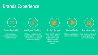 Brands Experience
Intelligent ProfilingCreate Campaign Assign Budget
Intuitive and User-
friendly web interface to
create campaigns
Ability to intelligently filter
target audience, ad delivery,
call-to-action, and specify
performance metrics
Brand specify budgets
with a view of how
budget will be spent.
Option for online
payment and bank
deposit.
Upload Audio
Ability to upload all ad
media all in one location
Track Campaign
Real –time monitoring of
campaign performance
and report tracking.
8/19/2016 Created by Olufemi Adetiwa
 
