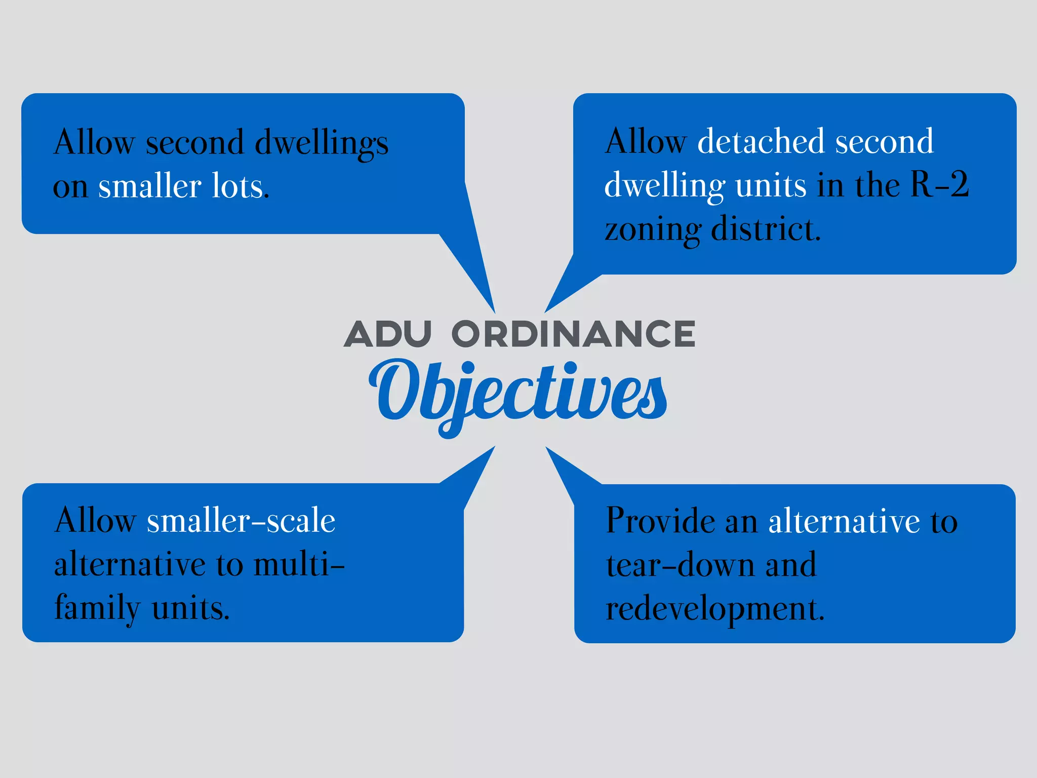 Allow detached second 
dwelling units in the R-2 
zoning district. 
Allow second dwellings 
on smaller lots. 
ADU ORDINANCE 
Objectives 
Provide an alternative to 
tear-down and 
redevelopment. 
Allow smaller-scale 
alternative to multi-family 
units. 
 