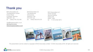 9/13
Thank you
BVG Associates Ltd
The Blackthorn Centre
Purton Road
Cricklade, Swindon
SN6 6HY UK
tel +44(0)1793 752 308
info@bvgassociates.co.uk
@bvgassociates
www.bvgassociates.co.uk
BVG Associates Ltd
The Boathouse
Silversands
Aberdour, Fife
KY3 0TZ UK
tel +44(0)1383 870 014
BVG Associates LLC
Green Garage
Second Avenue
Detroit, MI
48201 USA
tel +1 (313) 462 0673
This presentation and its content is copyright of BVG Associates Limited - © BVG Associates 2016. All rights are reserved.
© BVG Associates 2016 9/9
 