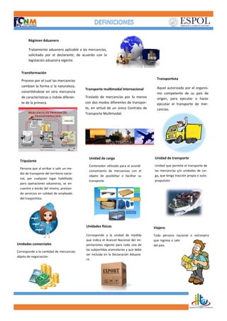 Régimen Aduanero
Tratamiento aduanero aplicable a las mercancías,
solicitado por el declarante, de acuerdo con la
legislación aduanera vigente.
Transformación
Proceso por el cual las mercancías
cambian la forma o la naturaleza,
convirtiéndose en otra mercancía
de características o índole diferen-
te de la primera.
Transporte multimodal internacional
Traslado de mercancías por lo menos
con dos modos diferentes de transpor-
te, en virtud de un único Contrato de
Transporte Multimodal.
Transportista
Aquel autorizado por el organis-
mo competente de su país de
origen, para ejecutar o hacer
ejecutar el transporte de mer-
cancías.
Tripulante
Persona que al arribar o salir un me-
dio de transporte del territorio nacio-
nal, por cualquier lugar habilitado
para operaciones aduaneras, se en-
cuentre a bordo del mismo, prestan-
do servicios en calidad de empleado
del trasportista.
Unidad de carga
Contenedor utilizado para el acondi-
cionamiento de mercancías con el
objeto de posibilitar o facilitar su
transporte.
Unidad de transporte
Unidad que permite el transporte de
las mercancías y/o unidades de car-
ga, que tenga tracción propia o auto-
propulsión.
Unidades comerciales
Corresponde a la cantidad de mercancías
objeto de negociación.
Unidades físicas
Corresponde a la unidad de medida
que indica el Arancel Nacional deI im-
portaciones vigente para cada una de
las subpartidas arancelarias y que debe
ser incluida en la Declaración Aduane-
ra.
Viajero
Toda persona nacional o extranjera
que ingresa o sale
del país.
 