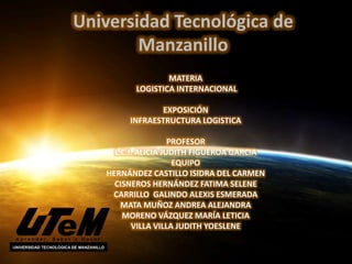 Universidad Tecnológica de
Manzanillo
MATERIA
LOGISTICA INTERNACIONAL
EXPOSICIÓN
INFRAESTRUCTURA LOGISTICA
PROFESOR
L.C.I. ALICIA JUDITH FIGUEROA GARCIA
EQUIPO
HERNÁNDEZ CASTILLO ISIDRA DEL CARMEN
CISNEROS HERNÁNDEZ FATIMA SELENE
CARRILLO GALINDO ALEXIS ESMERADA
MATA MUÑOZ ANDREA ALEJANDRA
MORENO VÁZQUEZ MARÍA LETICIA
VILLA VILLA JUDITH YOESLENE

 