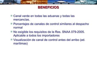 Canal verde en todas las aduanas y todas las mercancías. Porcentajes de canales de control similares al despacho normal No exigible los requisitos de la Res. SNAA 079-2005. Aplicable a todos los importadores Visualización de canal de control antes del arribo (ad. marítimas) BENEFICIOS 
