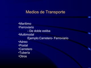 Medios de Transporte
•Marítimo
•Ferroviario
- De doble estiba
•Multimodal
Ejemplo:Carretero- Ferroviario
•Aéreo
•Postal
•Carretero
•Tubería
•Otros
 