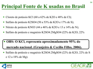  Cloreto de potássio KCl (60 a 62% de K2O e 48% de Cl);
 Sulfato de potássio K2SO4 (50 a 53% de K2O e 17% de S);
 Nitrato de potássio KNO3 (44 a 46% de K2O e 13 a 14% de N);
 Sulfato de potássio e magnésio K2SO4.2MgSO4 (22% de K2O, 22%
 Sulfato de potássio e magnésio K2SO4.2MgSO4 (22% de K2O, 22% de S
e 12 a 18% de Mg).
Principal Fonte de K usadas no Brasil
14
 OBS: O KCl, representa aproximadamente 95% do
mercado nacional. (Granjeiro & Cecílio Filho, 2006).
 