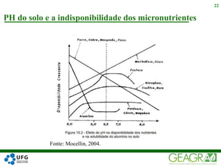 PH do solo e a indisponibilidade dos micronutrientes
22
Fonte: Mocellin, 2004.
 