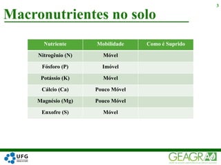 Macronutrientes no solo
3
Nutriente Mobilidade Como é Suprido
Nitrogênio (N) Móvel
Fósforo (P) Imóvel
Potássio (K) Móvel
Cálcio (Ca) Pouco Móvel
Magnésio (Mg) Pouco Móvel
Enxofre (S) Móvel
 