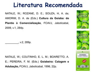 Literatura Recomendada
NATALE, W.; ROZANE, D. E.; SOUZA, H, A. de;
AMORIM, D. A. de (Eds.) Cultura da Goiaba: do
Plantio à Comercialização, FCAVJ, Jaboticabal,
2009, v.1, 284p.
_________, v.2, 289p.
NATALE, W.; COUTINHO, E. L. M.; BOARETTO, A.
E.; PEREIRA, F. M. (Eds.) Goiabeira: Calagem e
Adubação, FCAVJ, Jaboticabal, 1996, 22p.
 