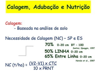 Calagem, Adubação e Nutrição
Calagem:
- Baseada na análise de solo
Necessidade de Calagem (NC) – SP e ES
NC (t/ha) = (V2-V1) x CTC
10 x PRNT
70% 0-20 cm BT – 100
Santos; Quaggio, 1997
50% LINHA 0-20 cm
65% Entre Linha 0-20 cm
Natale et al., 2007
 