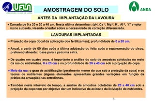 2
ANTES DA IMPLANTAÇÃO DA LAVOURA
LAVOURAS IMPLANTADAS
♦Camada de 0 a 20 e 20 a 40 cm. Nesta última determinar: (pH, Ca+2
, Mg+2
, K+
, Al+3
, “t” e valor
m) no subsolo, visando orientar sobre a necessidade de correção diferenciada.
♦Projeção da copa (local da aplicação dos fertilizantes); profundidade de 0 a 20 cm.
♦Anual, a partir de 60 dias após a última adubação ou feita após a esparramação do cisco,
preferencialmente: base para a próxima safra.
♦De quatro em quatro anos, é importante a análise do solo de amostras coletadas no meio
da rua ou entrelinhas, 0 a 20 cm e na profundidade de 20 a 40 cm sob a projeção da copa.
♦Meio da rua: o grau de acidificação (geralmente menor do que sob a projeção da copa) e os
teores de nutrientes (alguns elementos apresentam grandes variações em função da
prática da arruação) nas entrelinhas.
♦Também neste intervalo de tempo, a análise de amostras coletadas de 20 a 40 cm sob a
projeção da copa tem por objetivo dar um indicativo da acidez e da lixiviação de nutrientes.
AMOSTRAGEM DO SOLO
 