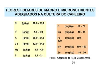 24
TEORES FOLIARES DE MACRO E MICRONUTRIENTES
ADEQUADOS NA CULTURA DO CAFEEIRO
N (g/kg) 28,0 - 31,0
P (g/kg) 1,4 - 1,9
K (g/kg) 20,0 - 24,0
Ca (g/kg) 12,0 - 14,0
Mg (g/kg) 3,4 - 4,0
S (g/kg) 1,8 - 2,1
Fonte: Adaptado de Hélio Casale, 1999
B (mg/kg) 50 - 70
Cu (mg/kg) 10 - 15
Fe (mg/kg) 200 -
400
Mn (mg/kg) 100 -150
Zn (mg/kg) 10 - 20
 
