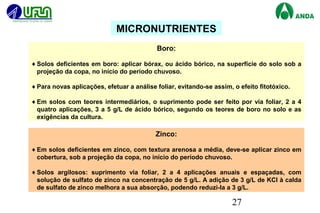 27
MICRONUTRIENTES
Boro:
♦Solos deficientes em boro: aplicar bórax, ou ácido bórico, na superfície do solo sob a
projeção da copa, no início do período chuvoso.
♦Para novas aplicações, efetuar a análise foliar, evitando-se assim, o efeito fitotóxico.
♦Em solos com teores intermediários, o suprimento pode ser feito por via foliar, 2 a 4
quatro aplicações, 3 a 5 g/L de ácido bórico, segundo os teores de boro no solo e as
exigências da cultura.
Zinco:
♦Em solos deficientes em zinco, com textura arenosa a média, deve-se aplicar zinco em
cobertura, sob a projeção da copa, no início do período chuvoso.
♦Solos argilosos: suprimento via foliar, 2 a 4 aplicações anuais e espaçadas, com
solução de sulfato de zinco na concentração de 5 g/L. A adição de 3 g/L de KCl à calda
de sulfato de zinco melhora a sua absorção, podendo reduzi-la a 3 g/L.
 