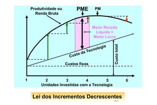 35
Lei dos Incrementos Decrescentes
PME
Custos fixos
PM
Custo da Tecnologia
Unidades Investidas com a Tecnologia
Produtividade ou
Renda Bruta
1 2 3 4 5 6
Maior Receita
Líquida =
Maior Lucro
Custototal
 
