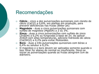 Recomendações
 Cálcio - cinco a dez pulverizações quinzenais com cloreto de
cálcio (CaCl2) a 0,6%, em plantas em produção, para
prevenir deficiências nas frutas (Bitter pit)
 Magnésio - duas a cinco pulverizações quinzenais com
sulfato de magnésio (MgSO4) a 2 ou 3%.
 Zinco - duas a cinco pulverizações com sulfato de zinco
(ZnSO4) a 0,2% ou fungicidas a base de Zn. Ao aplicar
ZnSÜ4 com altas temperaturas, adicione hidróxido de cálcio
(Ca(OH)2) a 0,2% para evitar fitotoxidez.
 Boro - duas a três pulverizações quinzenais com bórax a
0,4% ou solubur a 0,2%.
 O magnésio e o boro devem ser aplicados somente quando o
teor foliar for abaixo do normal ou insuficiente. Deve-se
iniciar as pulverizações quando as frutas atingirem Icm de
diâmetro.
 