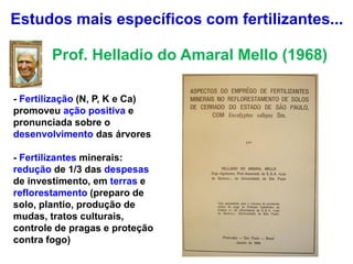 Prof. Helladio do Amaral Mello (1968)
- Fertilização (N, P, K e Ca)
promoveu ação positiva e
pronunciada sobre o
desenvolvimento das árvores
- Fertilizantes minerais:
redução de 1/3 das despesas
de investimento, em terras e
reflorestamento (preparo de
solo, plantio, produção de
mudas, tratos culturais,
controle de pragas e proteção
contra fogo)
Estudos mais específicos com fertilizantes...
 