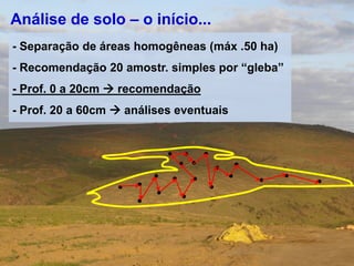 Análise de solo – o início...
- Separação de áreas homogêneas (máx .50 ha)
- Recomendação 20 amostr. simples por “gleba”
- Prof. 0 a 20cm  recomendação
- Prof. 20 a 60cm  análises eventuais
 