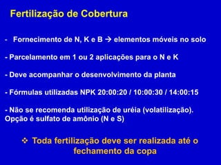 Fertilização de Cobertura
- Fornecimento de N, K e B  elementos móveis no solo
- Parcelamento em 1 ou 2 aplicações para o N e K
- Deve acompanhar o desenvolvimento da planta
- Fórmulas utilizadas NPK 20:00:20 / 10:00:30 / 14:00:15
- Não se recomenda utilização de uréia (volatilização).
Opção é sulfato de amônio (N e S)
 Toda fertilização deve ser realizada até o
fechamento da copa
 