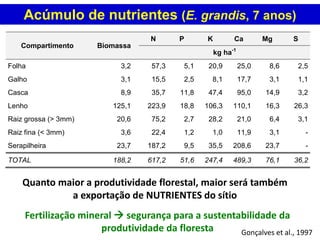 Quanto maior a produtividade florestal, maior será também
a exportação de NUTRIENTES do sítio
Fertilização mineral  segurança para a sustentabilidade da
produtividade da floresta
Compartimento Biomassa
N P K Ca Mg S
kg ha-1
Folha 3,2 57,3 5,1 20,9 25,0 8,6 2,5
Galho 3,1 15,5 2,5 8,1 17,7 3,1 1,1
Casca 8,9 35,7 11,8 47,4 95,0 14,9 3,2
Lenho 125,1 223,9 18,8 106,3 110,1 16,3 26,3
Raiz grossa (> 3mm) 20,6 75,2 2,7 28,2 21,0 6,4 3,1
Raiz fina (< 3mm) 3,6 22,4 1,2 1,0 11,9 3,1 -
Serapilheira 23,7 187,2 9,5 35,5 208,6 23,7 -
TOTAL 188,2 617,2 51,6 247,4 489,3 76,1 36,2
Acúmulo de nutrientes (E. grandis, 7 anos)
Gonçalves et al., 1997
 
