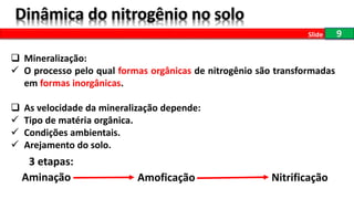 9Slide
 Mineralização:
 O processo pelo qual formas orgânicas de nitrogênio são transformadas
em formas inorgânicas.
 As velocidade da mineralização depende:
 Tipo de matéria orgânica.
 Condições ambientais.
 Arejamento do solo.
Aminação Amoficação Nitrificação
3 etapas:
 