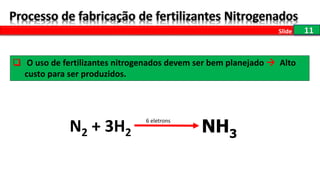 11Slide
 O uso de fertilizantes nitrogenados devem ser bem planejado  Alto
custo para ser produzidos.
N2 + 3H2 NH3
6 eletrons
 