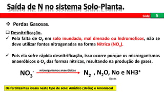 5Slide
 Perdas Gasosas.
 Desnitrificação.
 Pela falta de O2 em solo inundado, mal drenado ou hidromoficos, não se
deve utilizar fontes nitrogenadas na forma Nítrica (NO3).
 Pois ela sofre rápida desnitrificação, isso ocorre porque os microrganismos
anaeróbicos o O2 das formas nítricas, resultando na produção de gases.
NO3
- N2
, N2O, No e NH3+microrganismos anaeróbicos
Os fertilizantes ideais neste tipo de solo: Amídico (Uréia) e Amoniacal
Gases
 