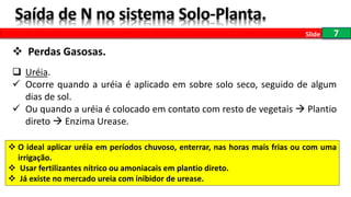7Slide
 Perdas Gasosas.
 Uréia.
 Ocorre quando a uréia é aplicado em sobre solo seco, seguido de algum
dias de sol.
 Ou quando a uréia é colocado em contato com resto de vegetais  Plantio
direto  Enzima Urease.
 O ideal aplicar uréia em períodos chuvoso, enterrar, nas horas mais frias ou com uma
irrigação.
 Usar fertilizantes nítrico ou amoniacais em plantio direto.
 Já existe no mercado ureia com inibidor de urease.
 