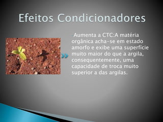 -Aumenta a CTC:A matéria
orgânica acha-se em estado
amorfo e exibe uma superfície
muito maior do que a argila,
consequentemente, uma
capacidade de troca muito
superior a das argilas.
 