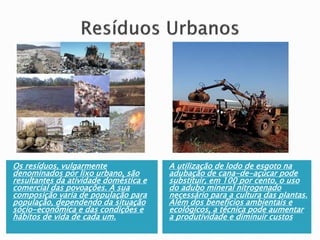 Os resíduos, vulgarmente
denominados por lixo urbano, são
resultantes da atividade doméstica e
comercial das povoações. A sua
composição varia de população para
população, dependendo da situação
sócio-econômica e das condições e
hábitos de vida de cada um.
A utilização de lodo de esgoto na
adubação de cana-de-açúcar pode
substituir, em 100 por cento, o uso
do adubo mineral nitrogenado
necessário para a cultura das plantas.
Além dos benefícios ambientais e
ecológicos, a técnica pode aumentar
a produtividade e diminuir custos
 