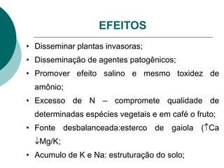 EFEITOS
• Disseminar plantas invasoras;
• Disseminação de agentes patogênicos;
• Promover efeito salino e mesmo toxidez de
amônio;
• Excesso de N – compromete qualidade de
determinadas espécies vegetais e em café o fruto;
• Fonte desbalanceada:esterco de gaiola (Ca
Mg/K;
• Acumulo de K e Na: estruturação do solo;
 
