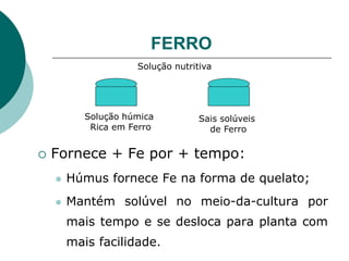 FERRO
 Fornece + Fe por + tempo:
 Húmus fornece Fe na forma de quelato;
 Mantém solúvel no meio-da-cultura por
mais tempo e se desloca para planta com
mais facilidade.
Solução húmica
Rica em Ferro
Sais solúveis
de Ferro
Solução nutritiva
 