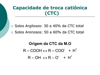  Solos Argilosos: 30 a 40% da CTC total
 Solos Arenosos: 50 a 60% da CTC total
Origem da CTC da M.O
R – COOH  R – COO
-
+ H
+
R – OH  R – O
-
+ H
+
Capacidade de troca catiônica
(CTC)
 